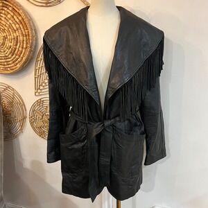Vintage Leather Fringe Jacket Western Boho Belted Coat Black Genuine Leather M
